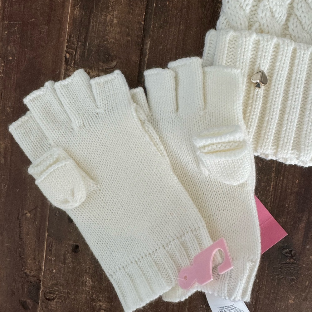 NEW! Kate Spade New York Cable knit Beanie and rib top pop mittens - Picture 5 of 9